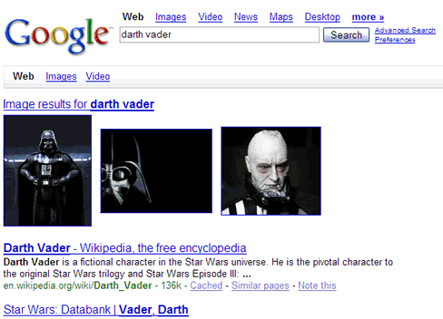 Google universal search interface